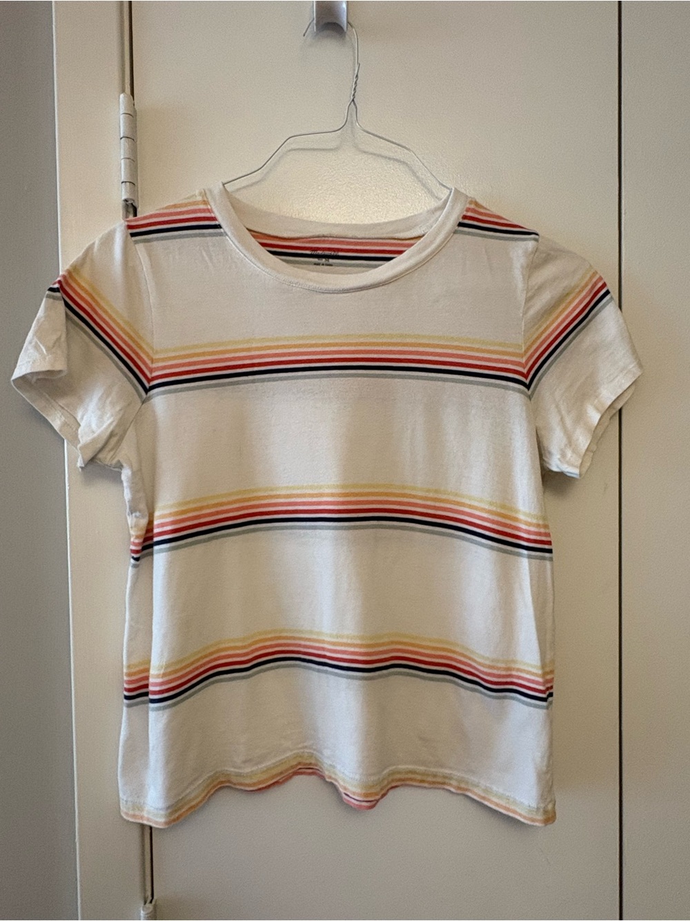Madewell Cream Tee with Red, Yellow, Navy Stripes